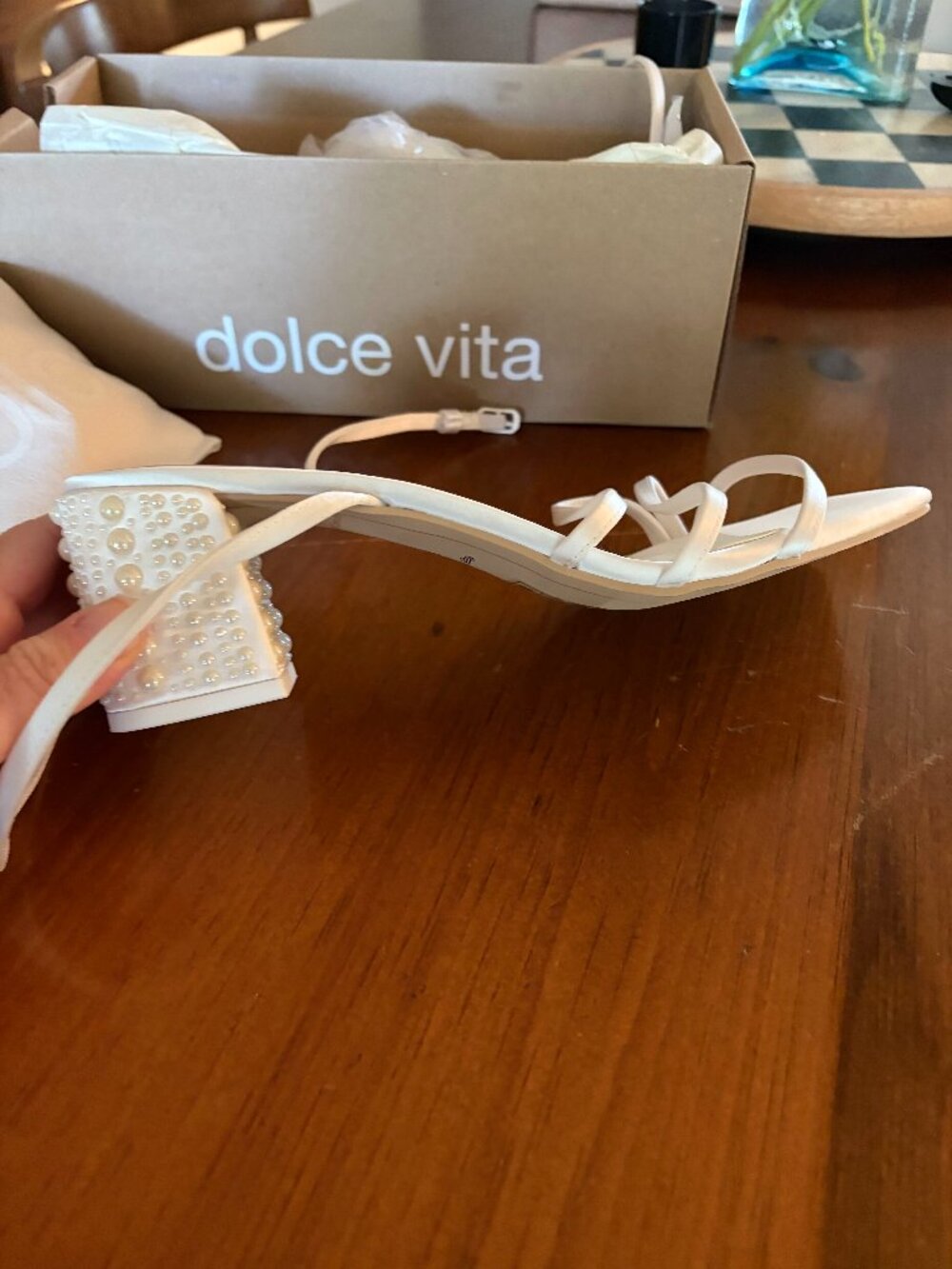 Dolcw Vita- Ysabel pearl heels true white satin